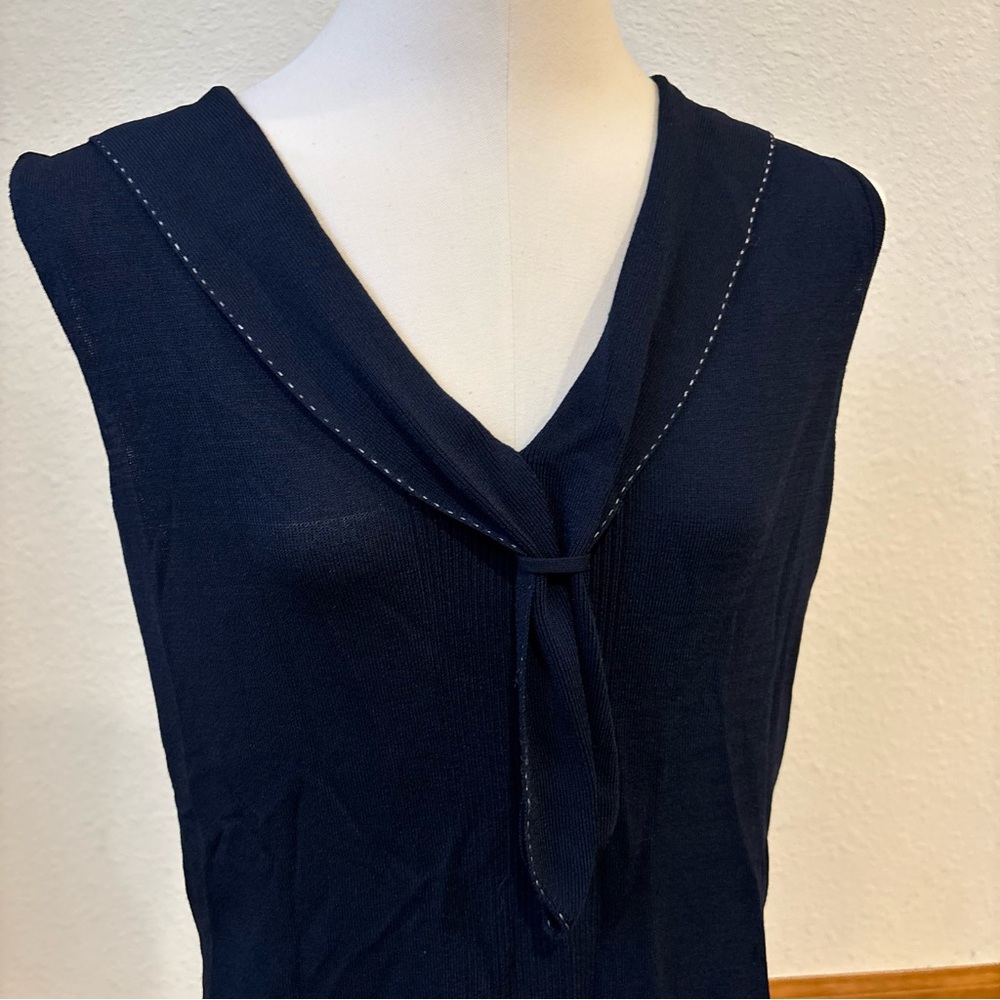 Gloria Vanderbilt‎ Nautical Navy White Knit Tie Neck Collar Tank Top Size Medium